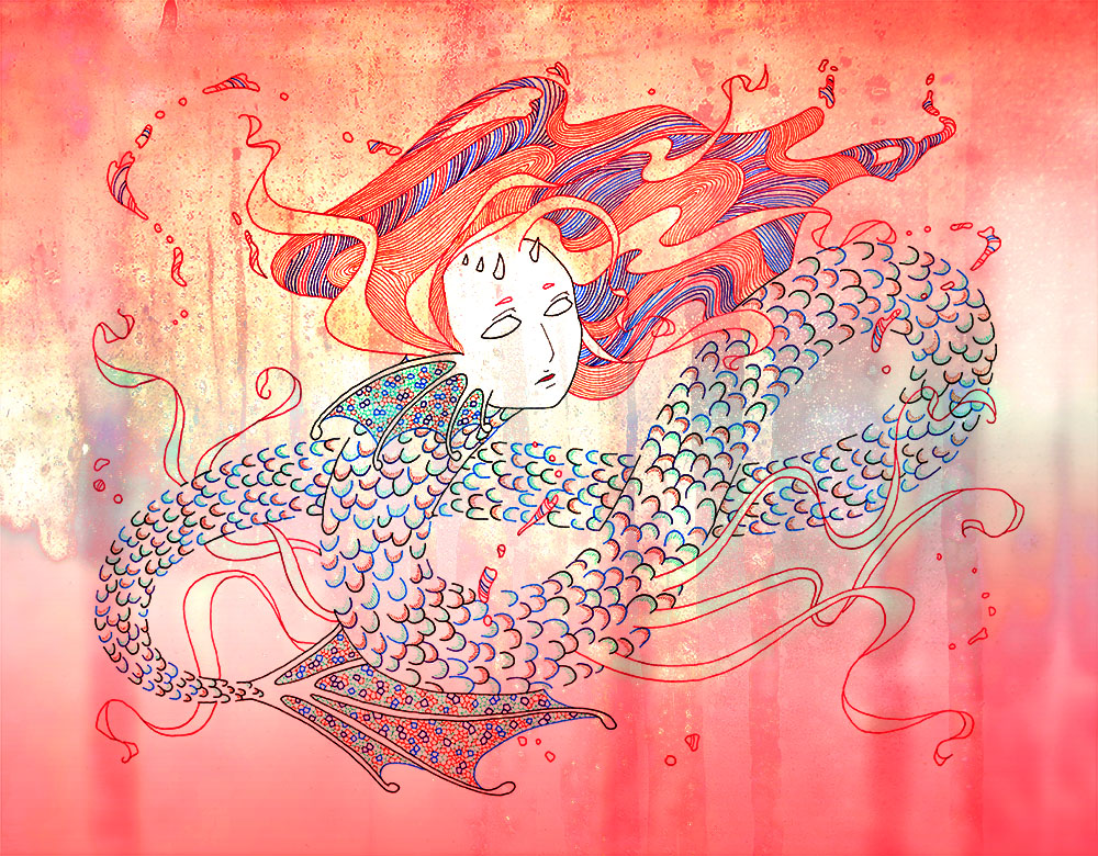 mixed media illustration by Sophia Adalaine, Red Seas
