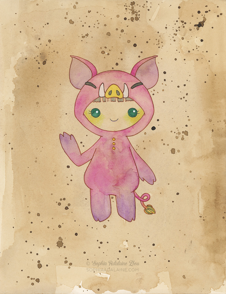 Kigurumi Chinese Zodiac series by Sophia Adalaine // mixed media illustrations Boar Pig