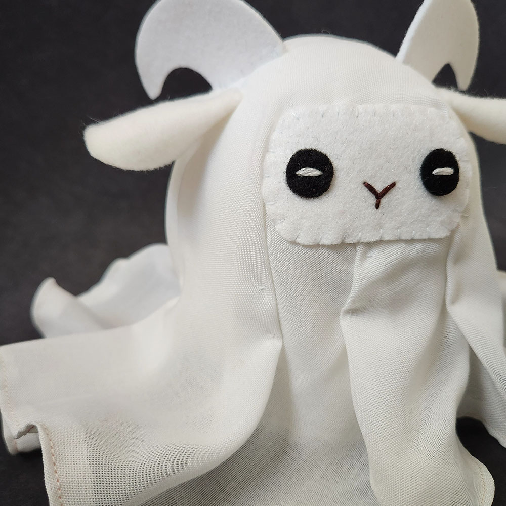 soft sculpture of a ghostly goat ghostie by Taneko Says Hello