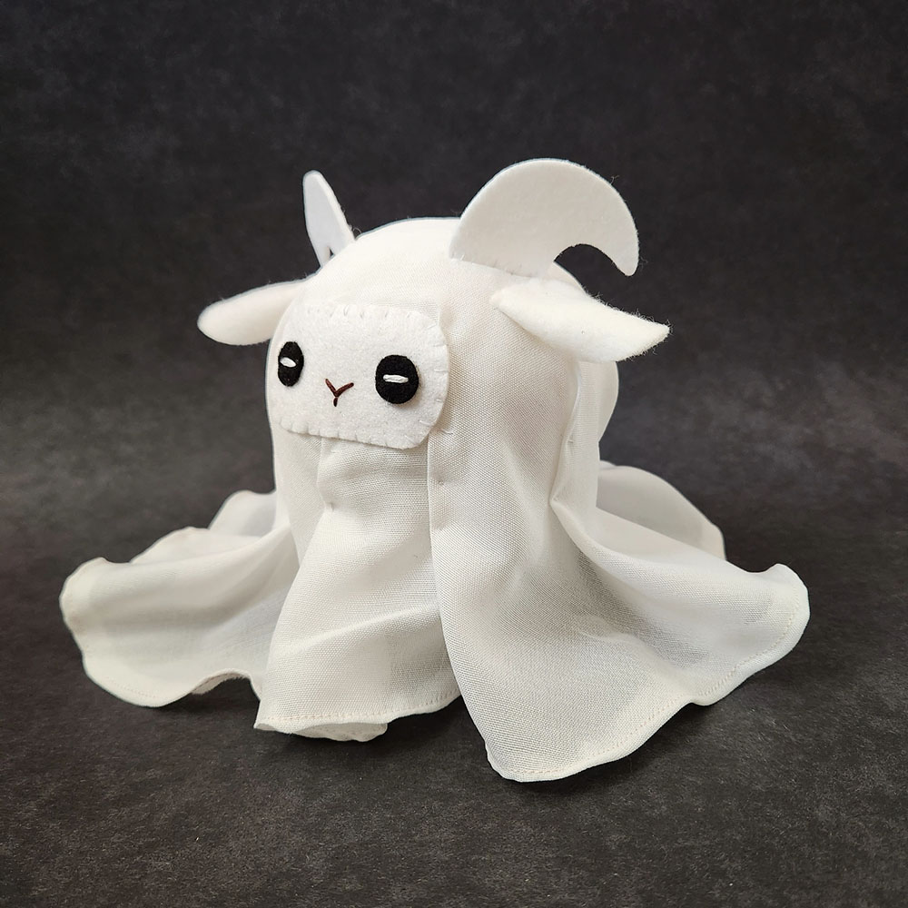 soft sculpture of a ghostly goat ghostie by Taneko Says Hello