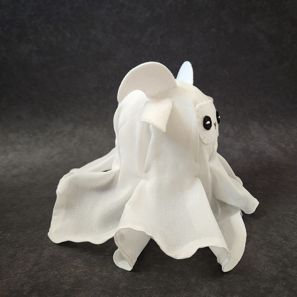 soft sculpture of a ghostly goat ghostie by Taneko Says Hello