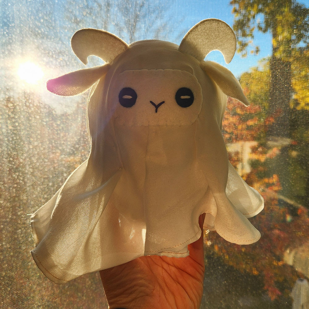 soft sculpture of a ghostly goat ghostie by Taneko Says Hello