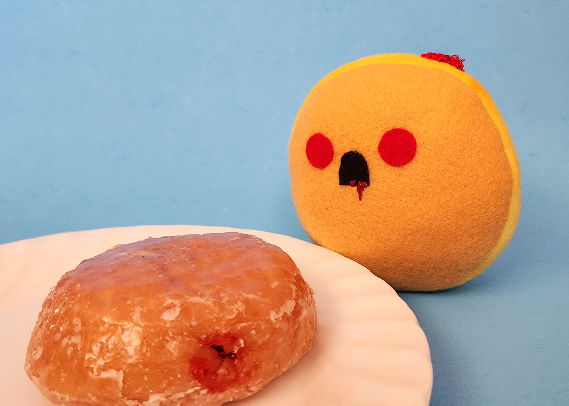 plush toy of a zombie Undead Jelly Donut looking for jam brains by Taneko Says Hello