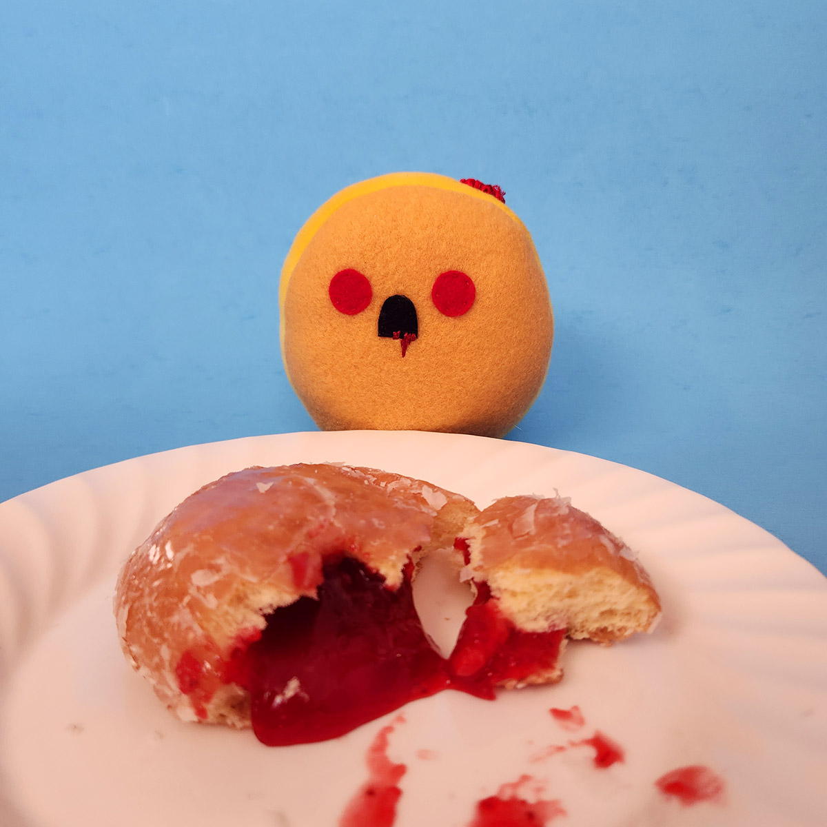 plush toy of a zombie Undead Jelly Donut looking for jam brains by Taneko Says Hello