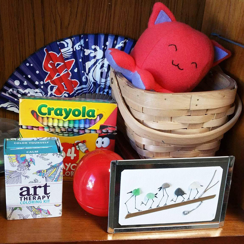 Taneko sitting in a woven basket on a shelf