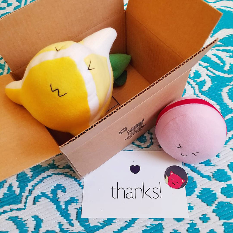 Lemon Shark and pink Macaron plush toys sitting in a shipping box
