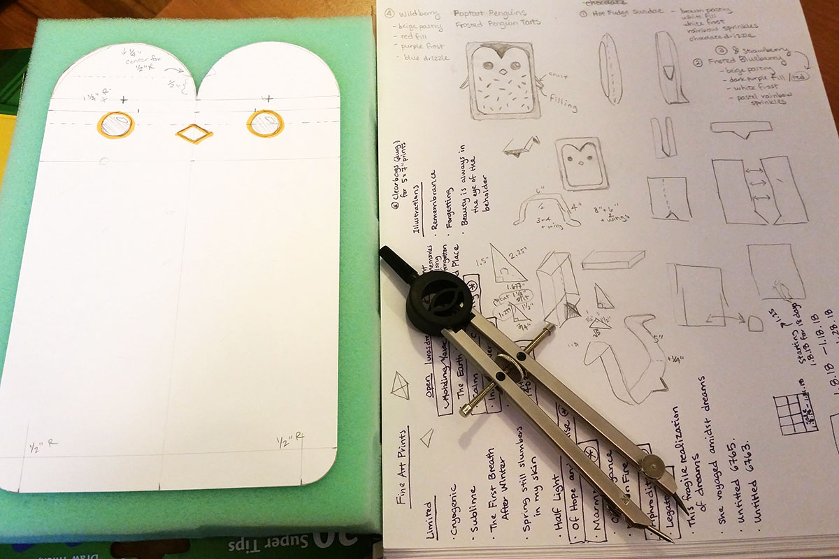 sketch and paper prototype for Pastry Penguin design
