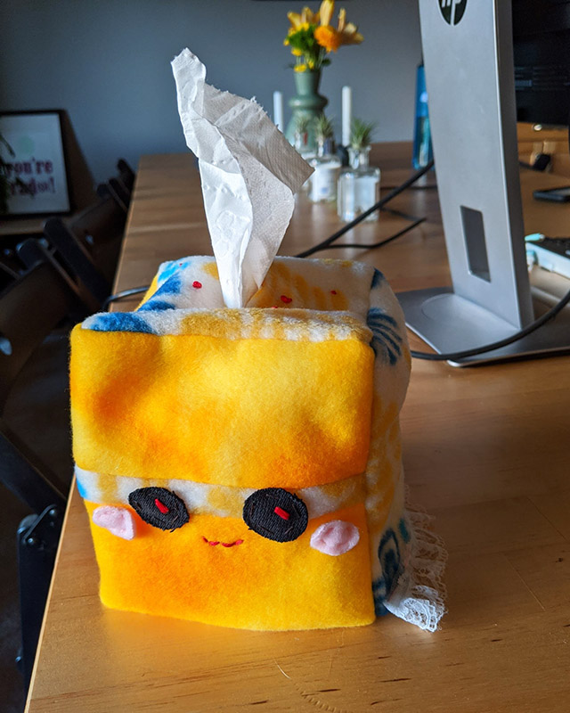 tissue box Cake Cozy with a smiling face