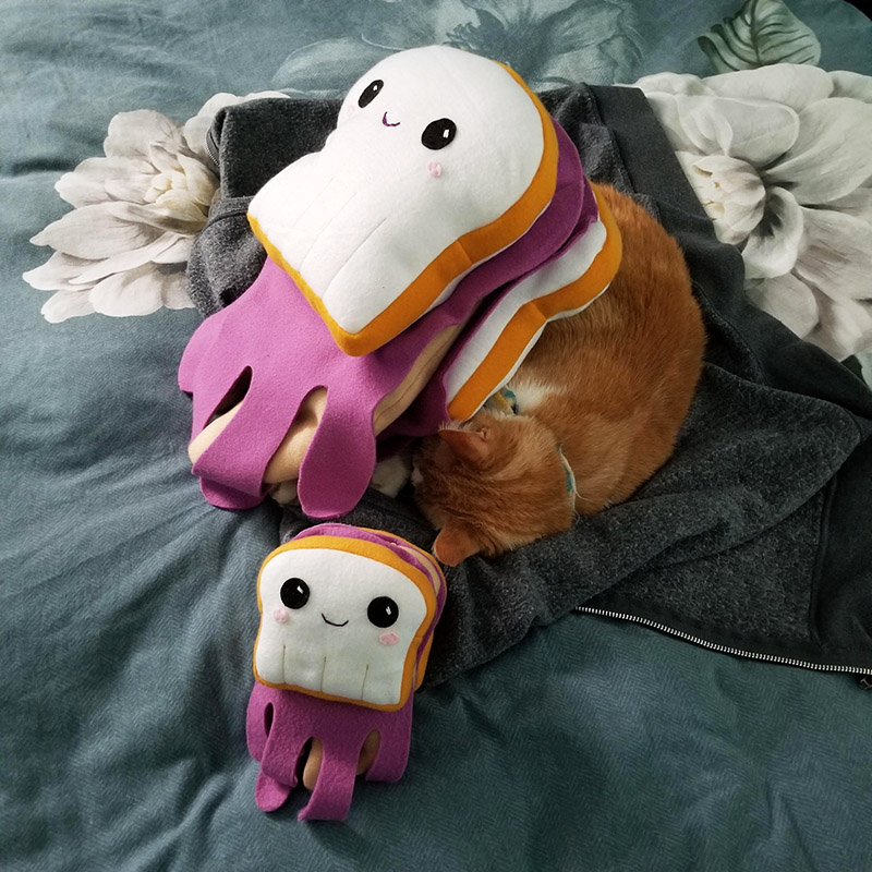 Giant Peanut-butter Jellyfish and small Peanut-butter Jellyfish on a bed with orange and white cat
