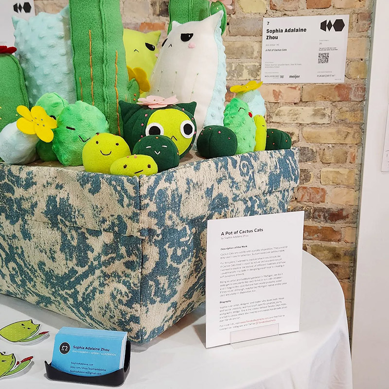 Pot of Cactus Cats fiber art soft sculpture for Artprize