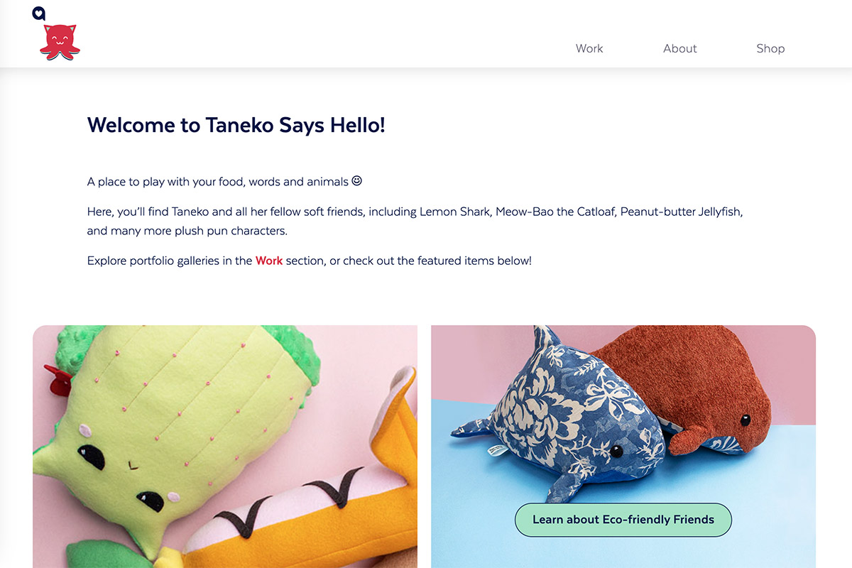 screenshot of homepage for Taneko Says Hello website