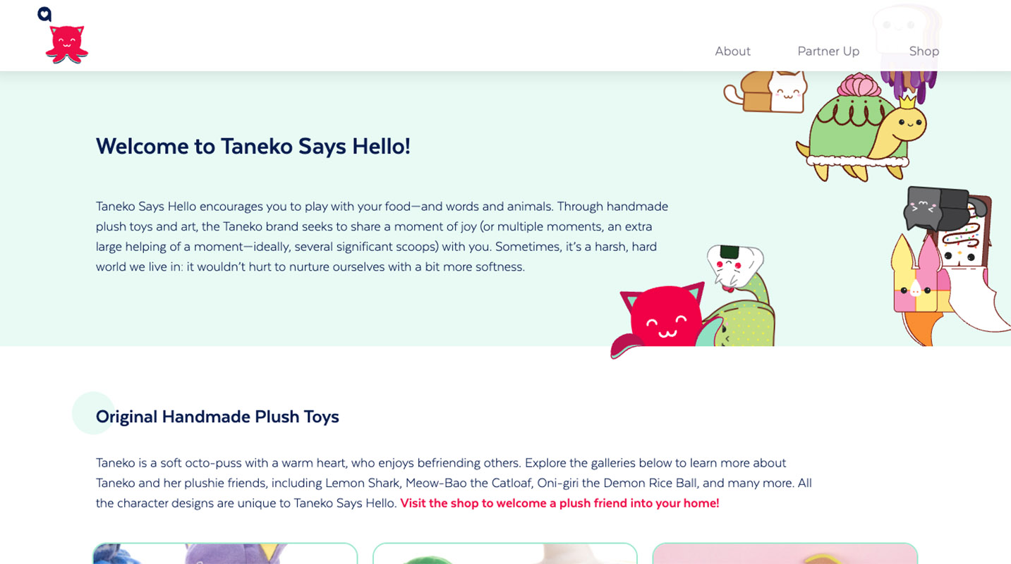 screenshot of Taneko Says Hello website homepage