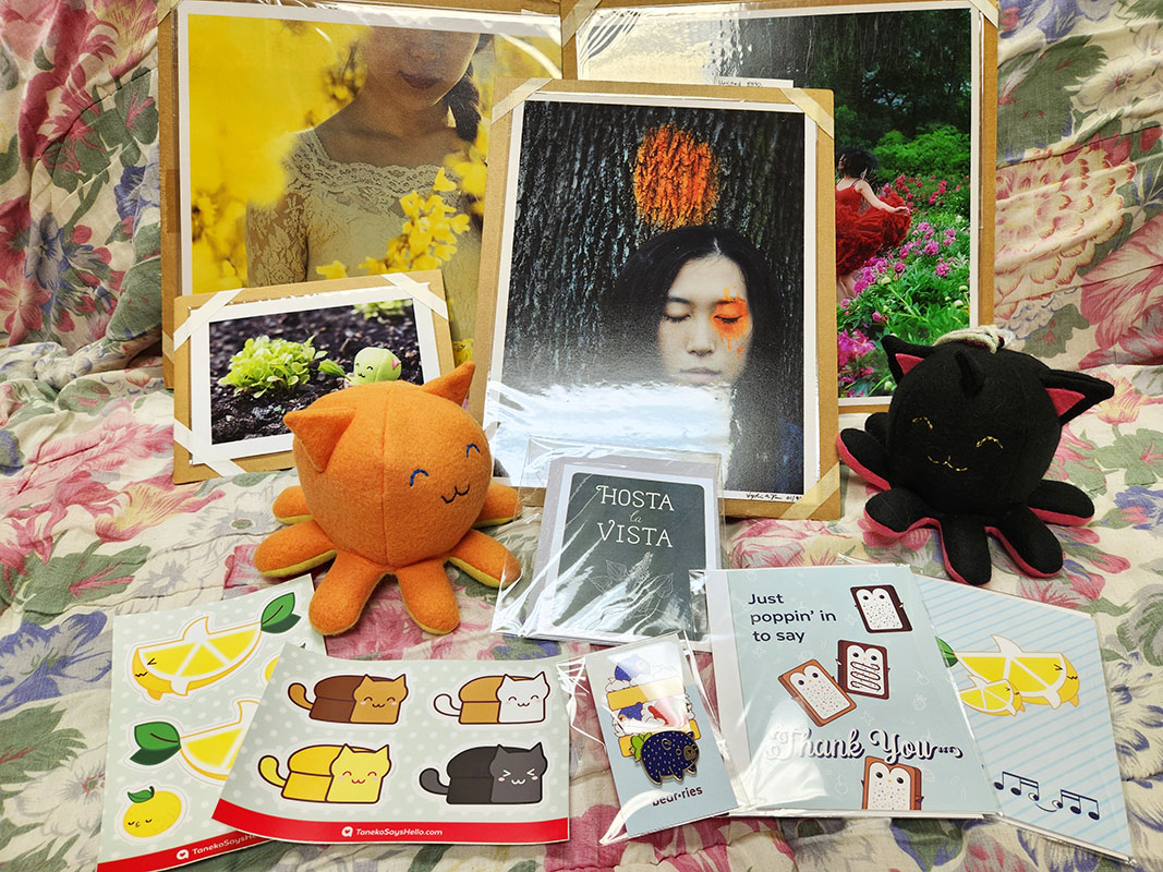 several art prints, plushies, cards, and stickers donated for a fundraiser