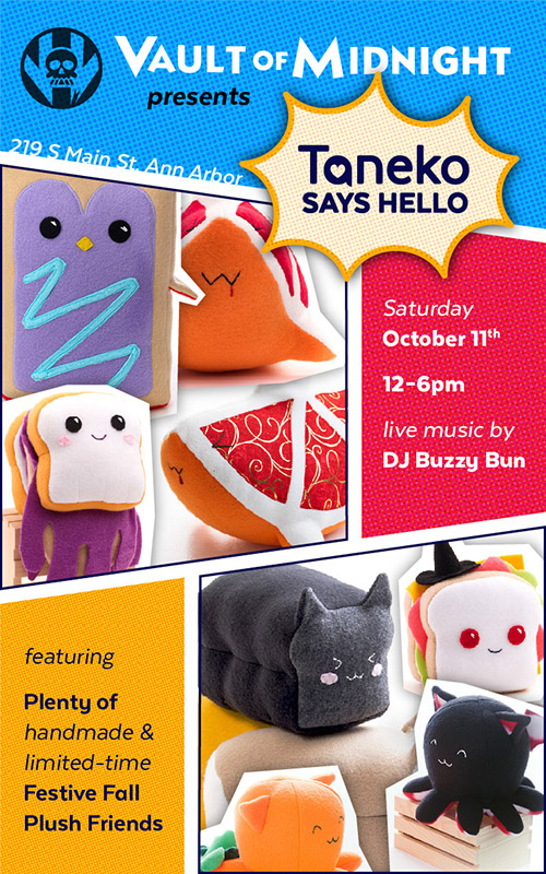 event poster for Taneko Says Hello's pop-up at Vault of Midnight