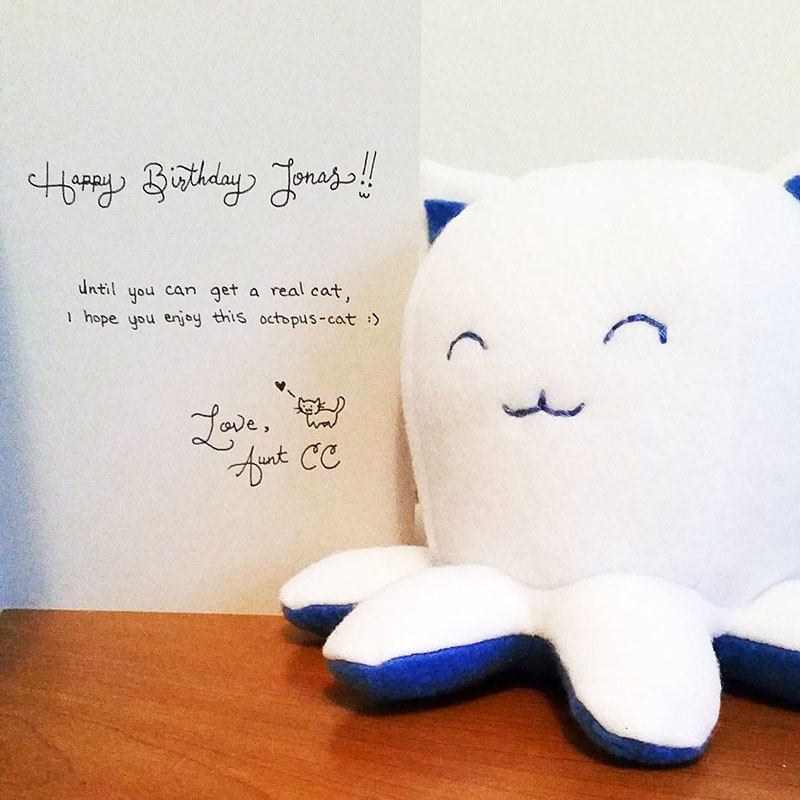 white and blue Taneko plush toy with birthday card