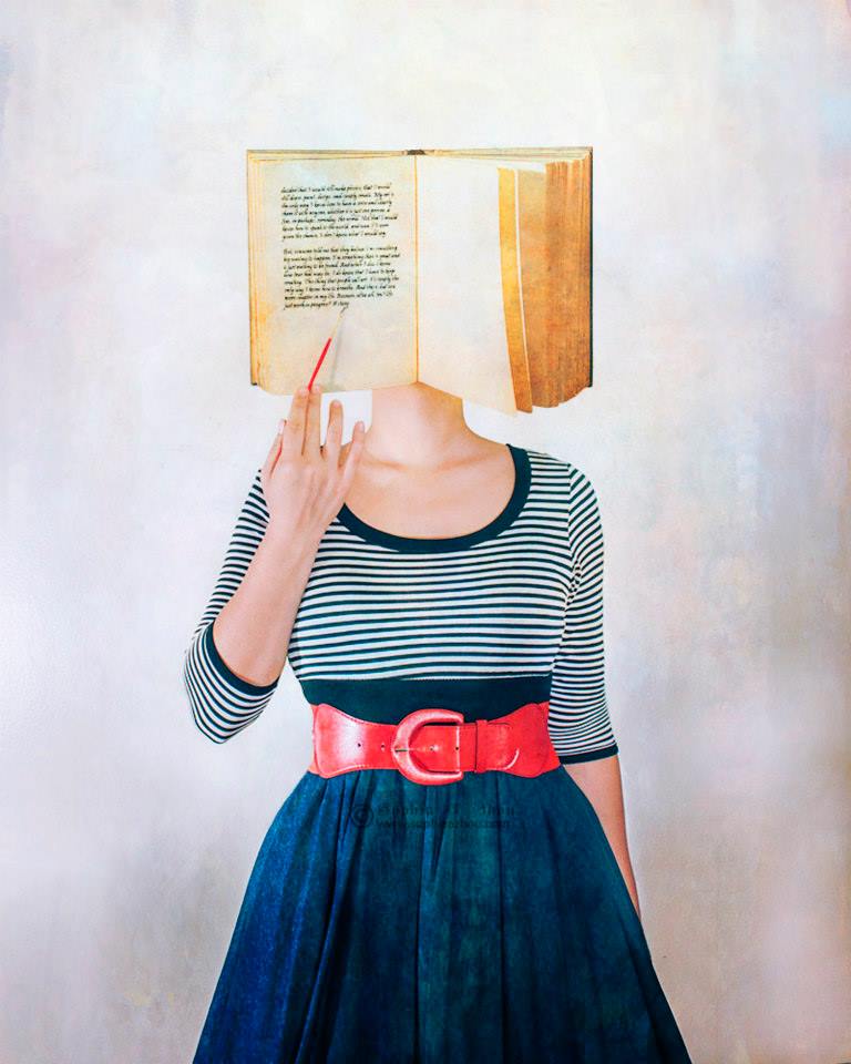 A Story in Progress, a surreal composite photo by Sophia Adalaine Zhou of a person with an open book for her head, actively writing her story