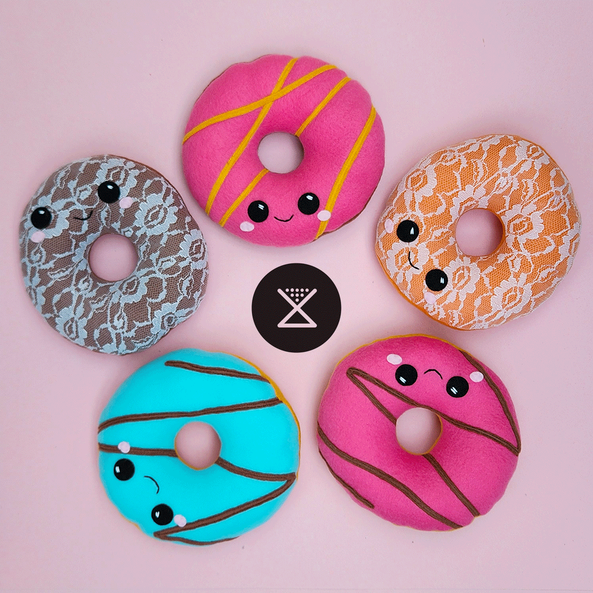 stop motion animation of five handmade donut plush toys spinning around Substrate Coffee logo // Substrate Coffee X Taneko Says Hello