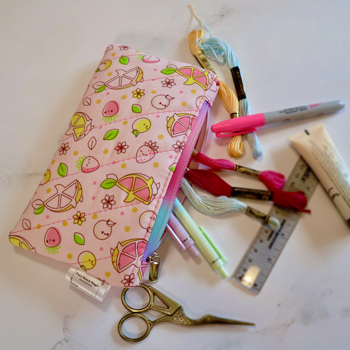 handmade pretty accessory bag with plushie strawberry keychain // Pure Stitch Magic X Taneko Says Hello