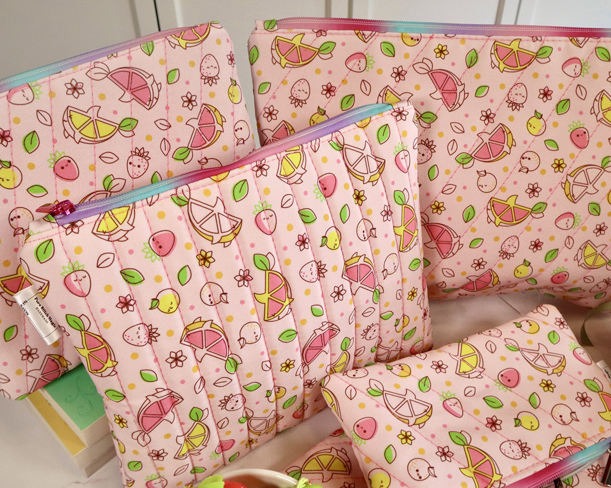 handmade padded bags featuring Pink Lemonade Shark surface pattern art // Pure Stitch Magic X Taneko Says Hello