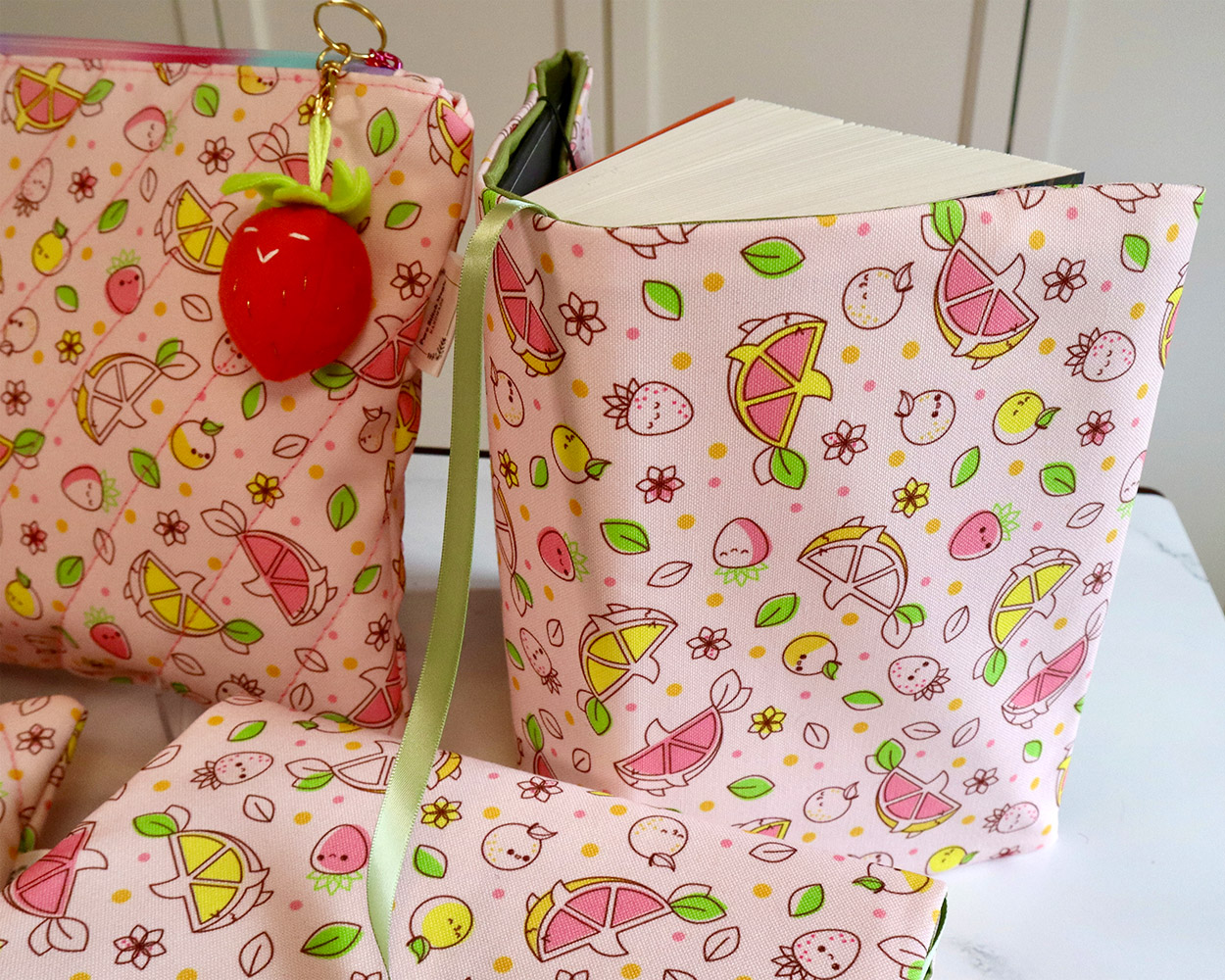 handmade pretty, pink bags with Pink Lemonade Shark plush toy and plushie strawberry keychain // Pure Stitch Magic X Taneko Says Hello