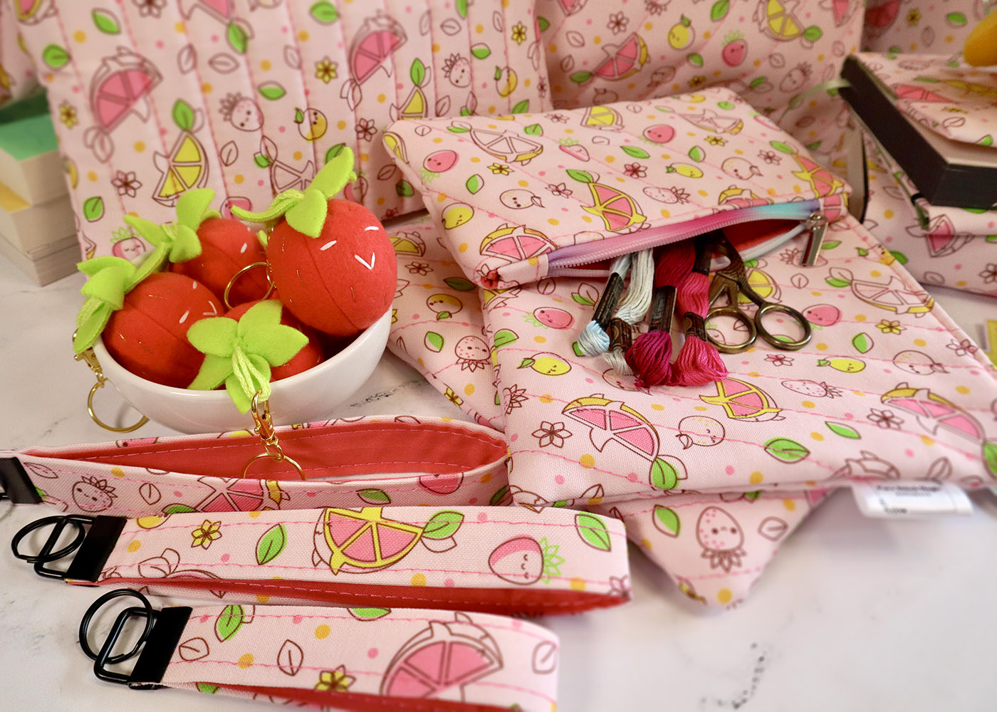 handmade padded bags and plushie strawberry keychains // Pure Stitch Magic X Taneko Says Hello