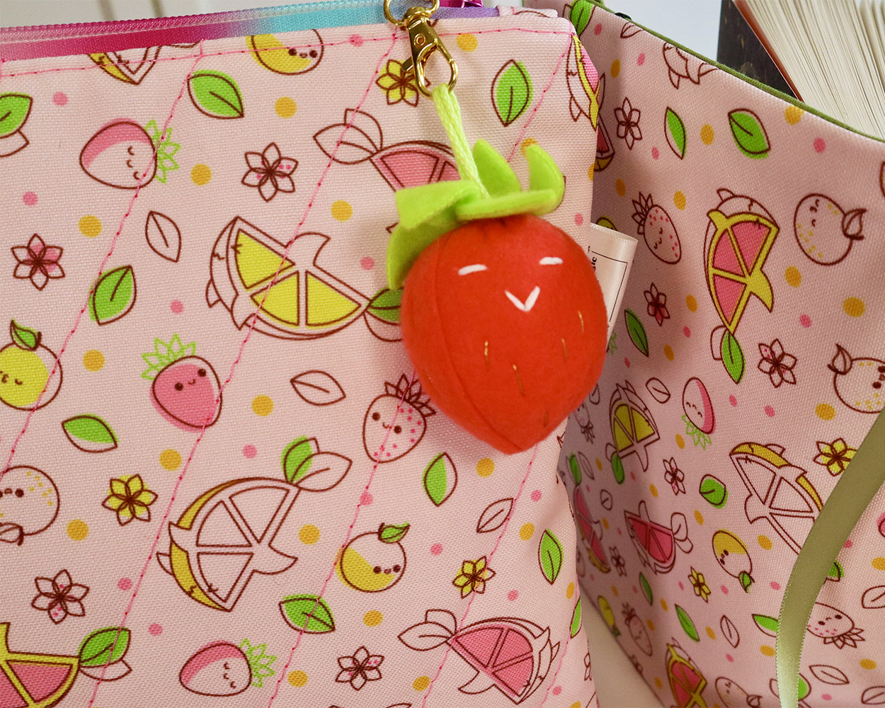 handmade padded bags featuring Pink Lemonade Shark surface pattern art // Pure Stitch Magic X Taneko Says Hello