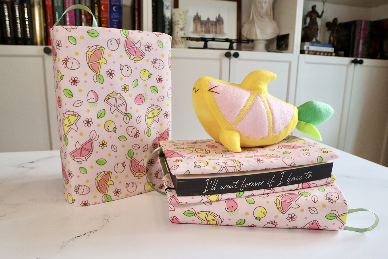 handmade pink book sleeves with Pink Lemonade Shark plush toy // Pure Stitch Magic X Taneko Says Hello