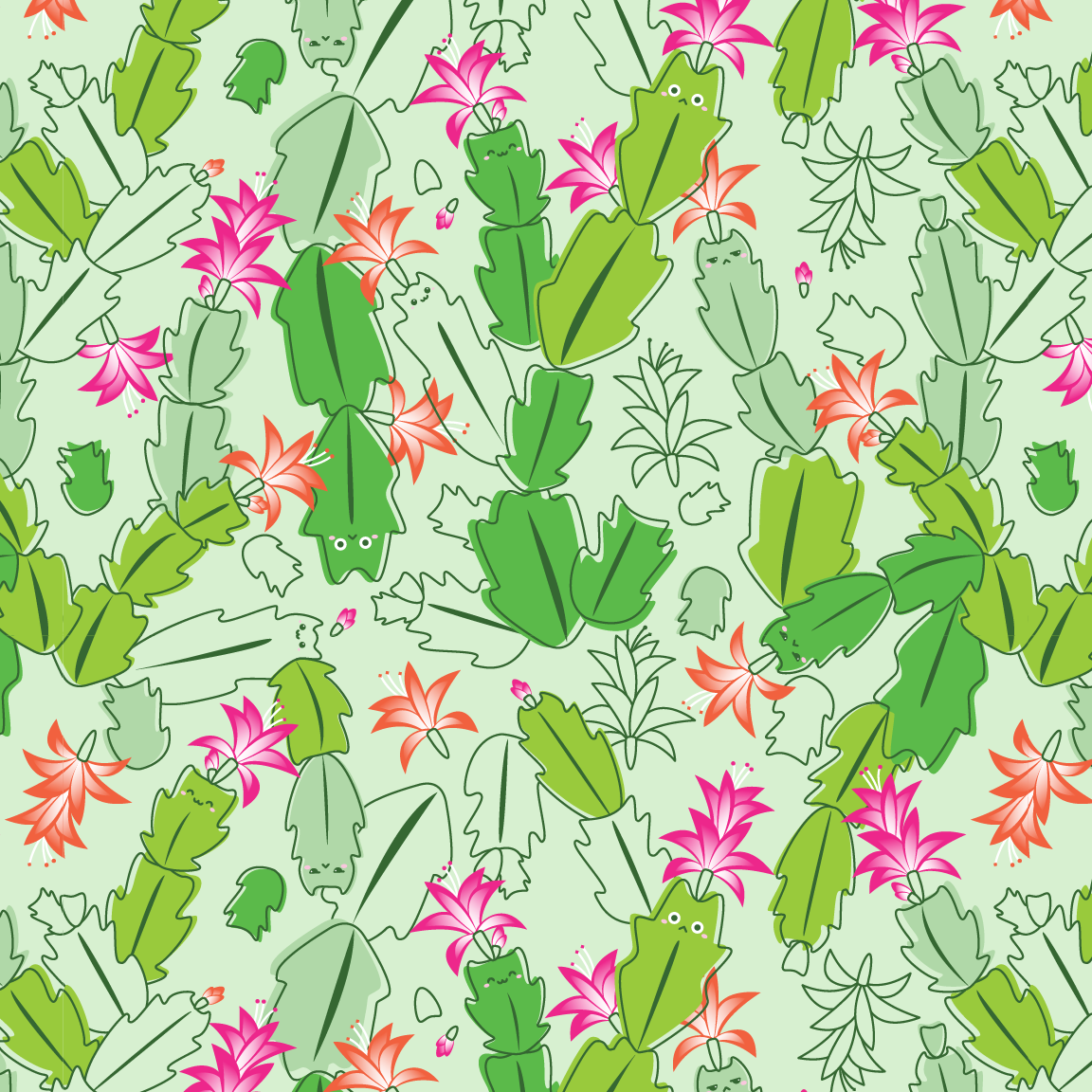 Surface pattern design of Holiday Cactus Cats // Sophia Adalaine at Taneko Says Hello