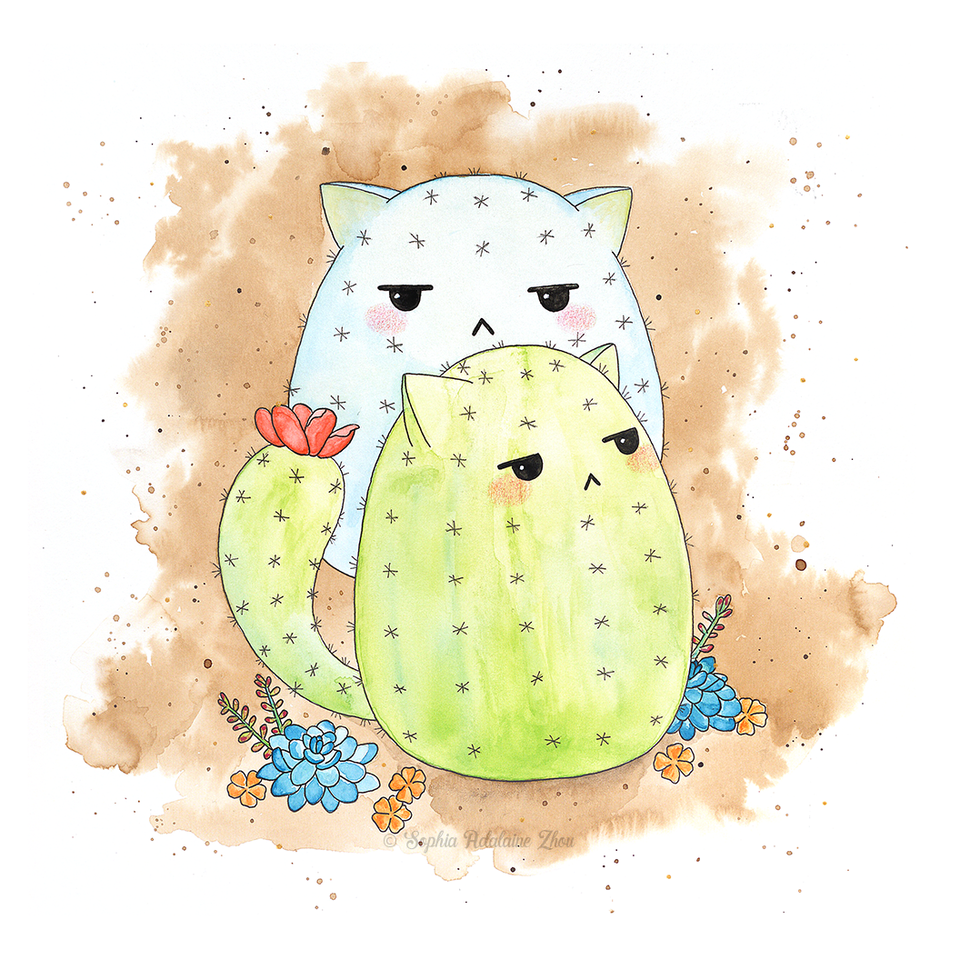 Cactus Cats Character illustration series by Sophia Adalaine // mixed media pun illustrations