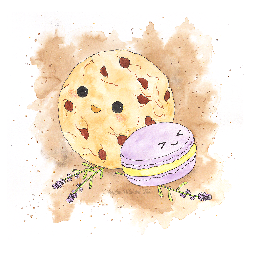 Chocolate Chip Cookie and Macaron Character illustration series by Sophia Adalaine // mixed media pun illustrations