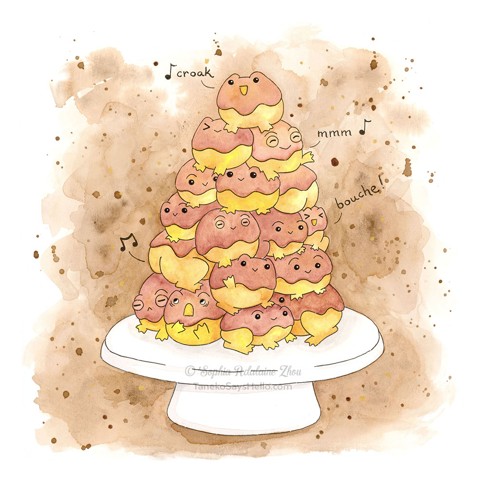 Croak-embouche illustration series by Sophia Adalaine // mixed media pun croquembouche frogs croaking