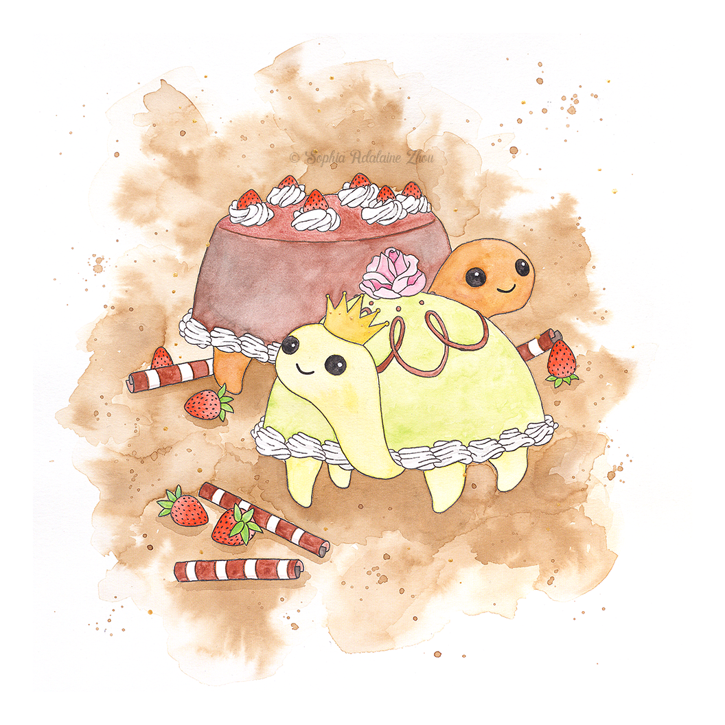 Torte-ise illustration series by Sophia Adalaine // mixed media pun illustrations tortoise tortes